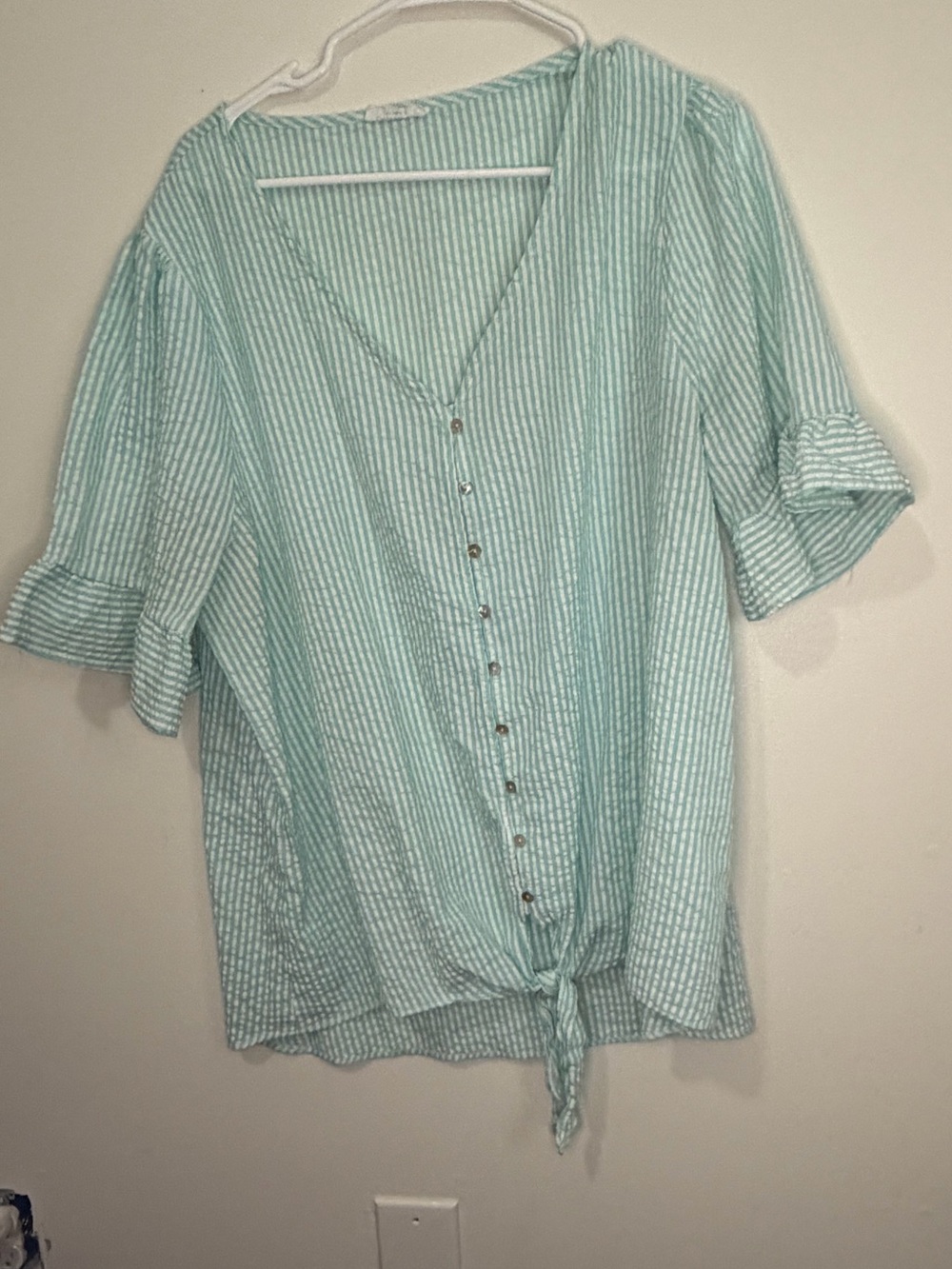 Chic Soul Jail House Rock Blouse in Light Blue Stripe-Tie-Front Women's Top